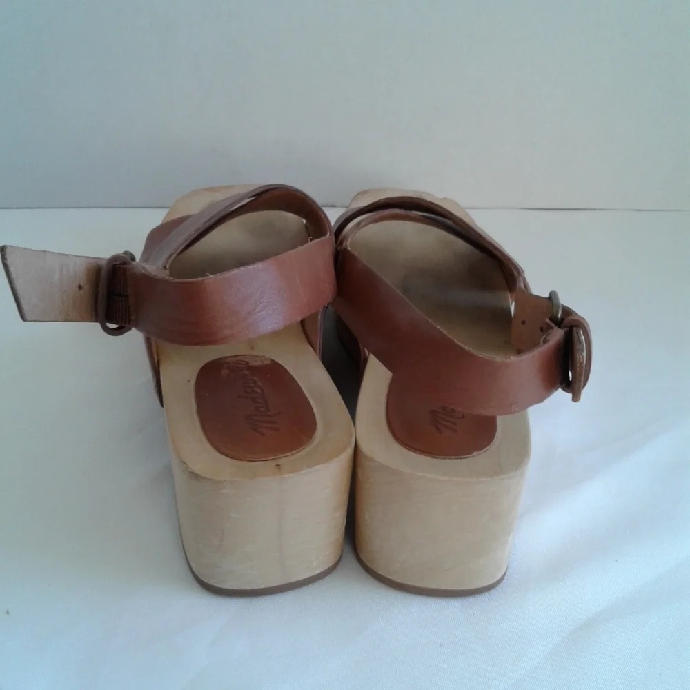 Madewell Brown Leather Wood Platform Slingback Sandals Size 6 MC706